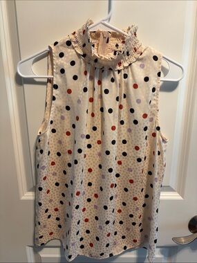 Ann Taylor Sleeveless Polka Dot Ruffle Neck Top